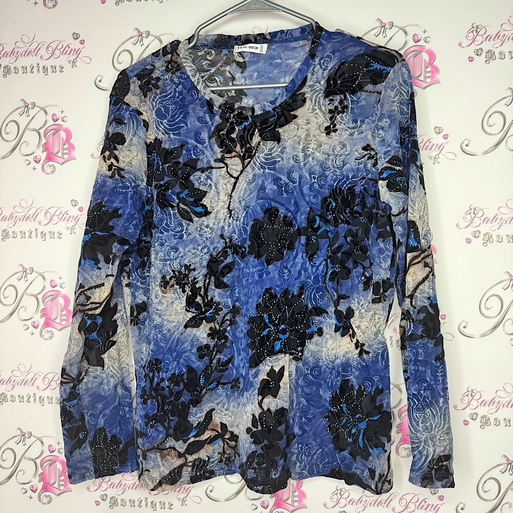 Hauber long sleeve 3d velour velvet flowers shimmer Blue Floral Long Sleeve Top